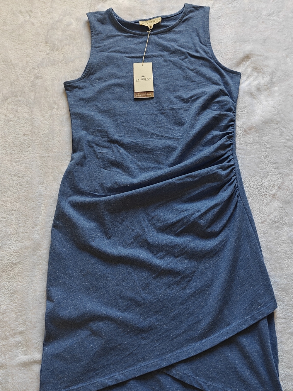 NWT Synergy  Blue Ruched Sheath Dress Organic Cotton Stretch Jersey Size S